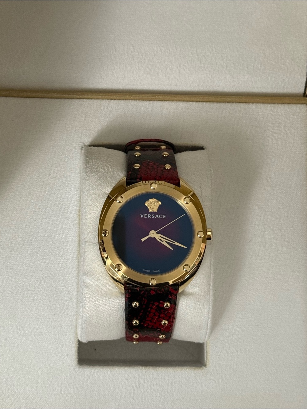 Versace Gold-Tone Watch with Blue Gradient Dial and Red Snake-Effect Strap